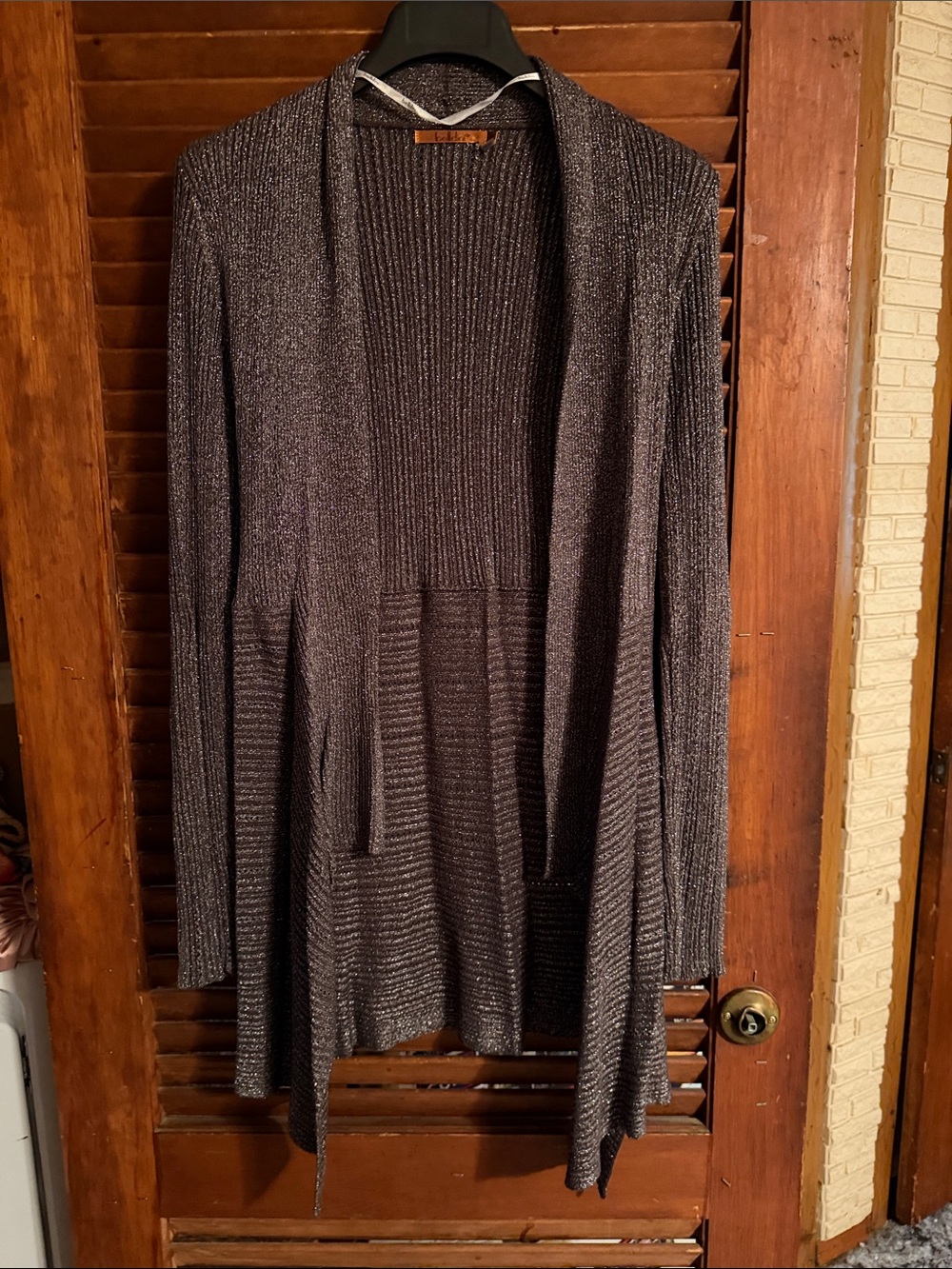 Belldini Shimmery Open Front Cardigan in Dark Gray Size Small